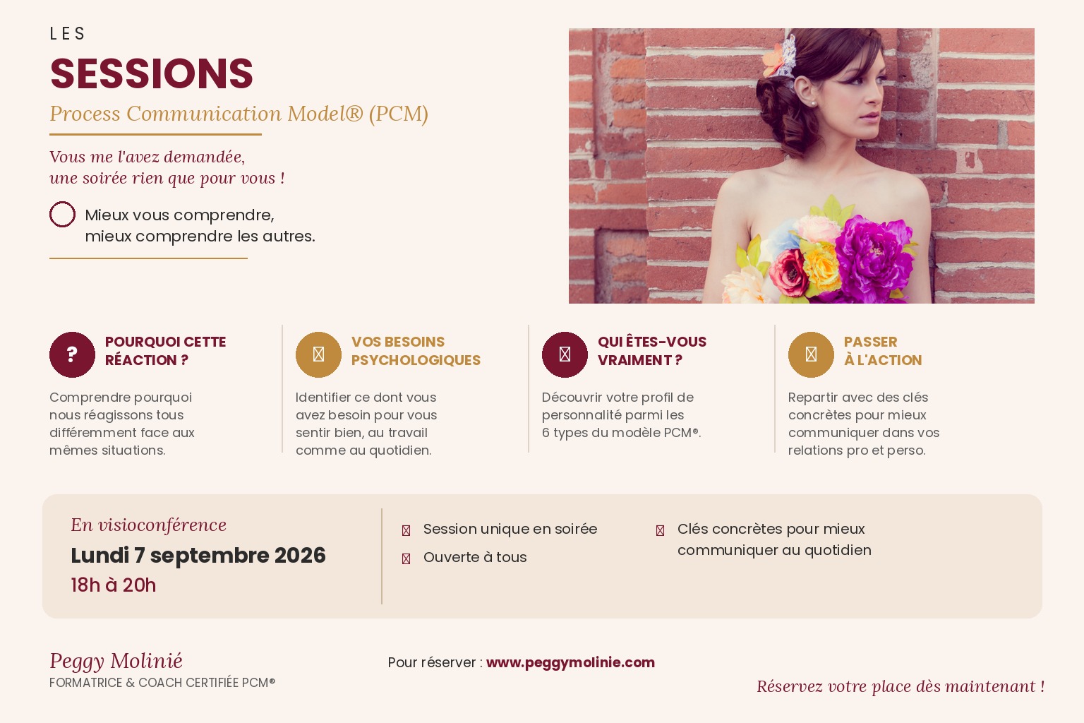 Affiche de la session découverte gratuite PCM avec Peggy Molinié, lundi 7 septembre en visio, session matin 9h-12h ou soirée 18h-20h