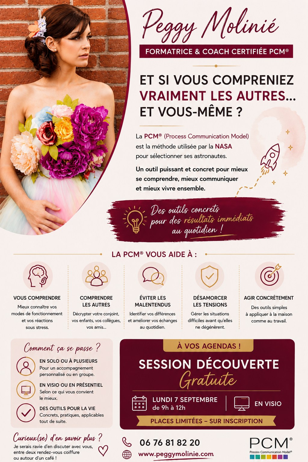 Affiche session découverte gratuite PCM® pour les professionnels de la beauté et du bien-être, lundi 7 septembre de 9 h à 12 h en visio